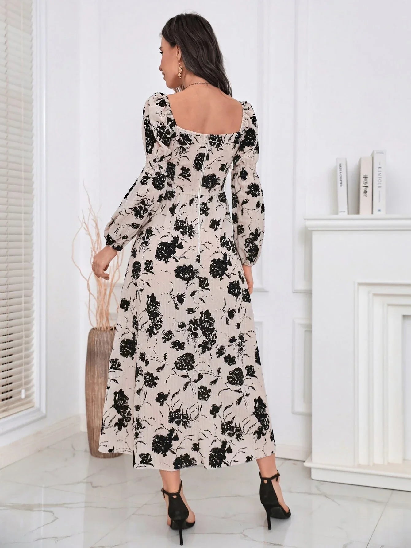 Buy Shein Modely Floral Print Lantern Sleeve Square Neck Dress in Pakistan