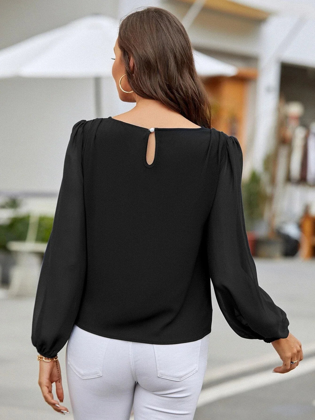 Buy Shein Lantern Sleeve Keyhole Back Blouse in Pakistan