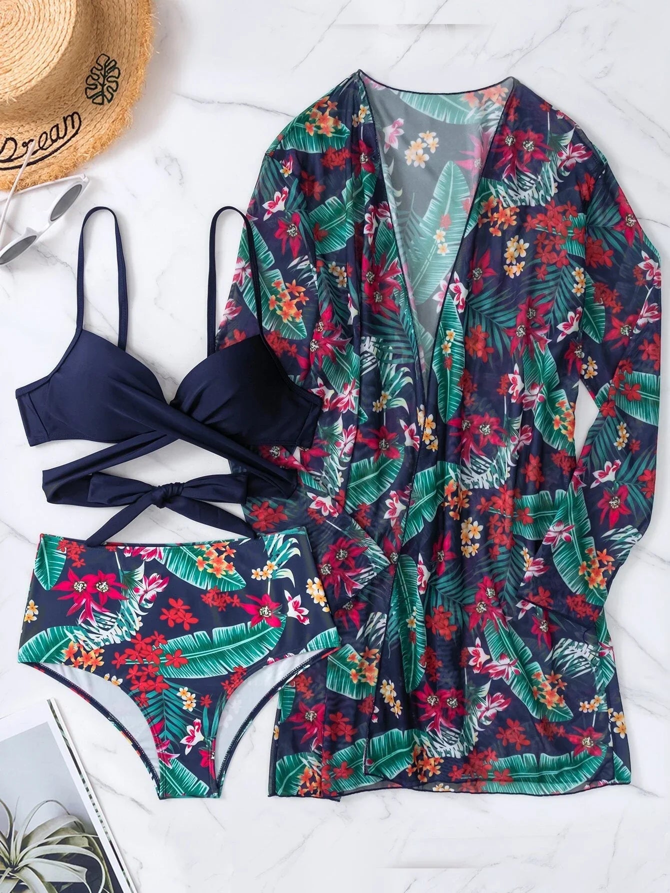 Buy SHEIN Tropical Print Bikini Set Wrap Push Up Bra Top & Hipster Bikini Bottom & Kimono 3 Piece Swimsuit in Pakistan