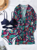Buy SHEIN Tropical Print Bikini Set Wrap Push Up Bra Top & Hipster Bikini Bottom & Kimono 3 Piece Swimsuit in Pakistan