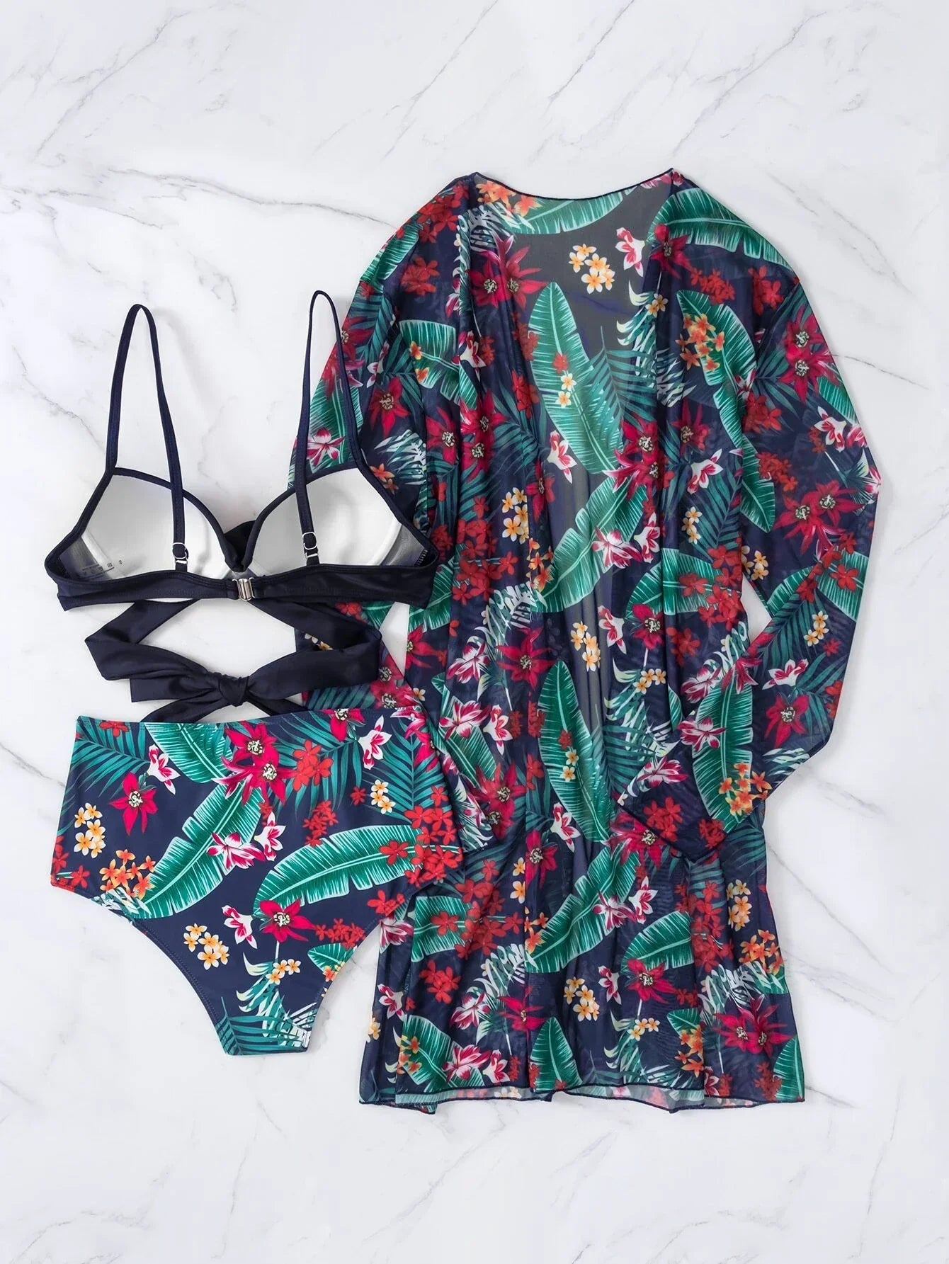 Buy SHEIN Tropical Print Bikini Set Wrap Push Up Bra Top & Hipster Bikini Bottom & Kimono 3 Piece Swimsuit in Pakistan