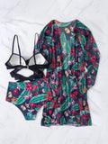 Buy SHEIN Tropical Print Bikini Set Wrap Push Up Bra Top & Hipster Bikini Bottom & Kimono 3 Piece Swimsuit in Pakistan