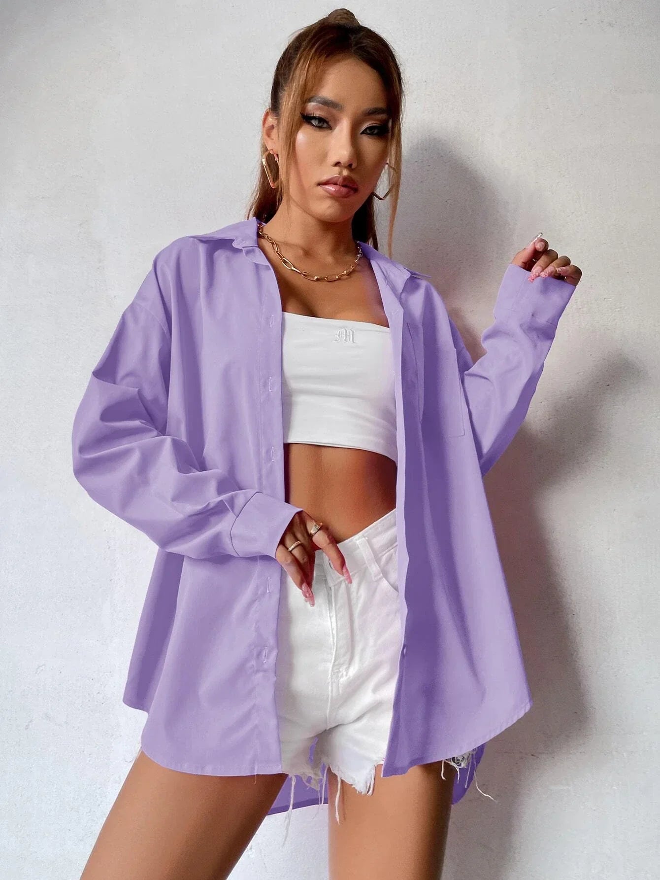 Buy SHEIN EZwear Curved Hem Drop Shoulder Blouse in Pakistan