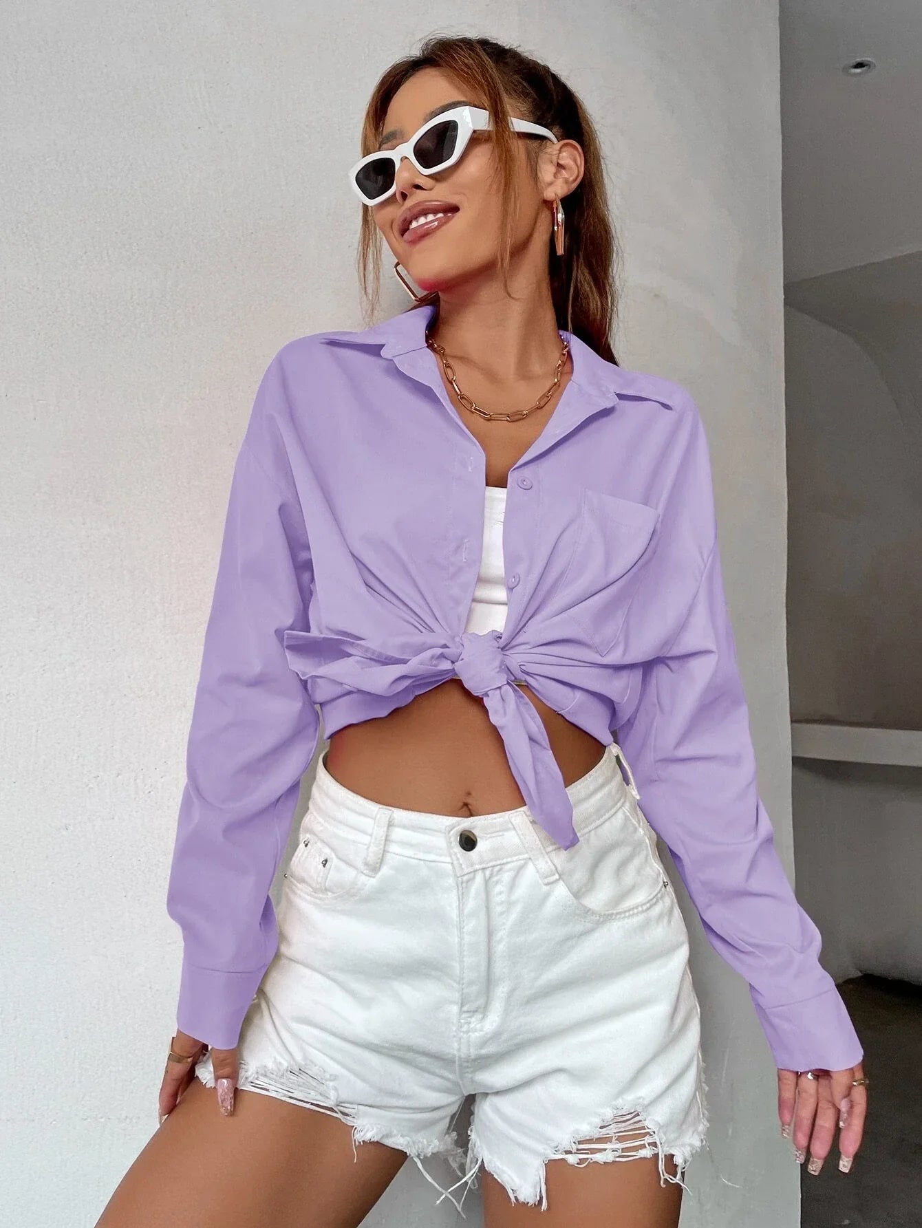 Buy SHEIN EZwear Curved Hem Drop Shoulder Blouse in Pakistan