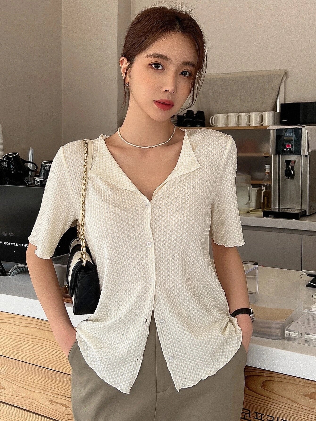 Buy SHEIN DAZY Lettuce Trim Button Front Tee in Pakistan