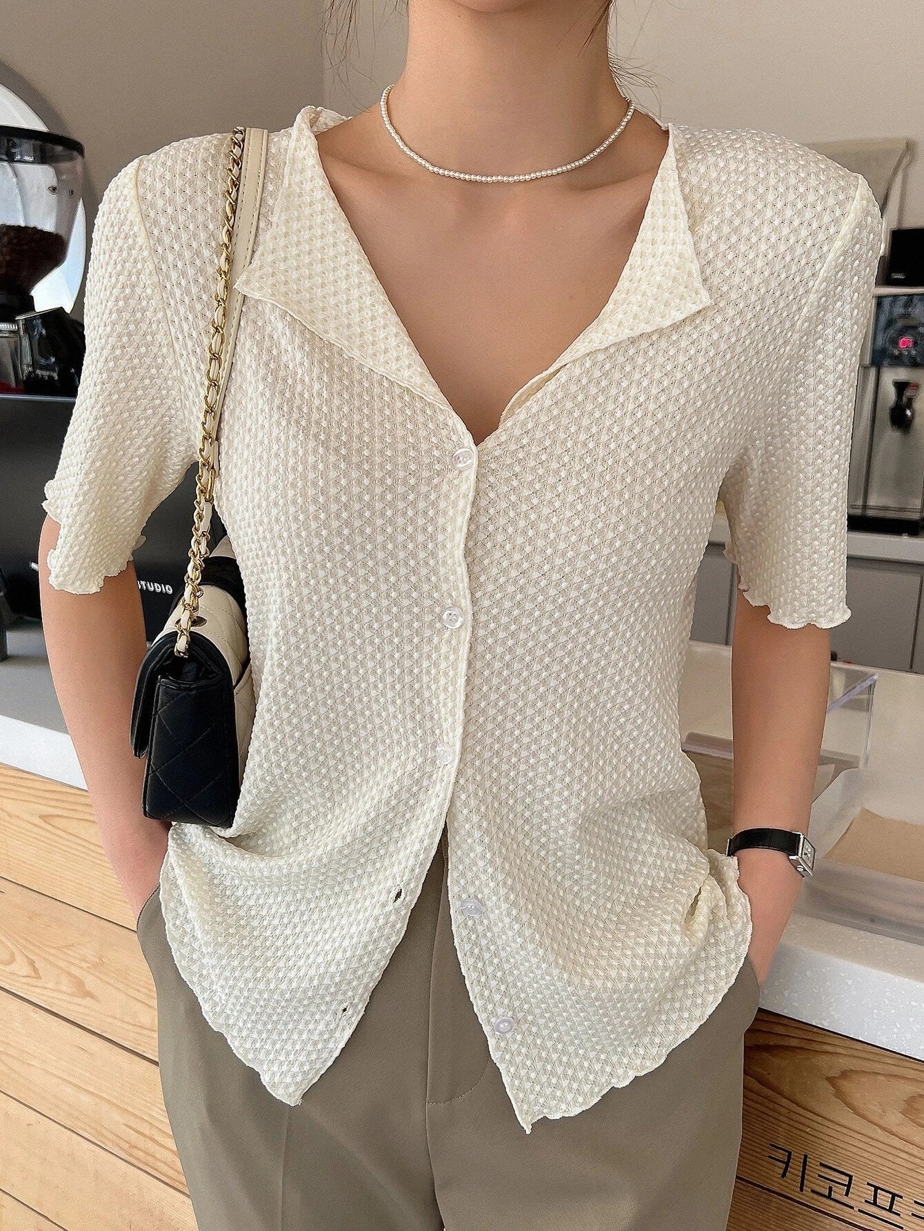 Buy SHEIN DAZY Lettuce Trim Button Front Tee in Pakistan