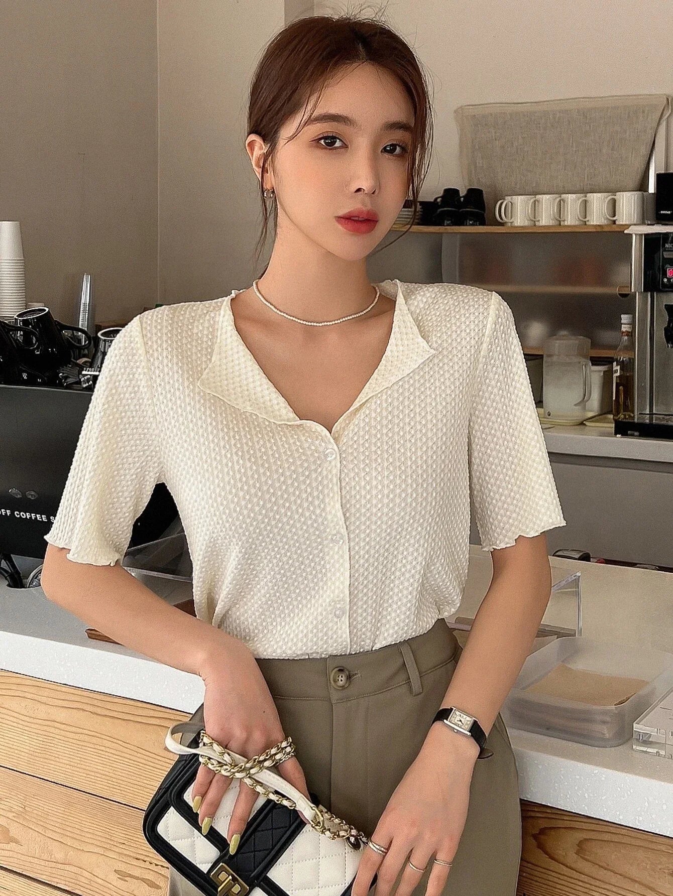 Buy SHEIN DAZY Lettuce Trim Button Front Tee in Pakistan