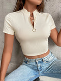 Buy Shein Ezwear Half Zip Ribbed Knit Tee in Pakistan