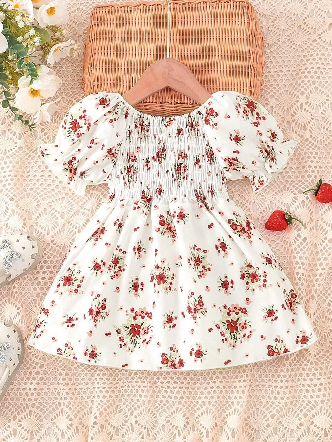 Buy SHEIN Baby Floral Print Shirred Puff Sleeve Dress in Pakistan