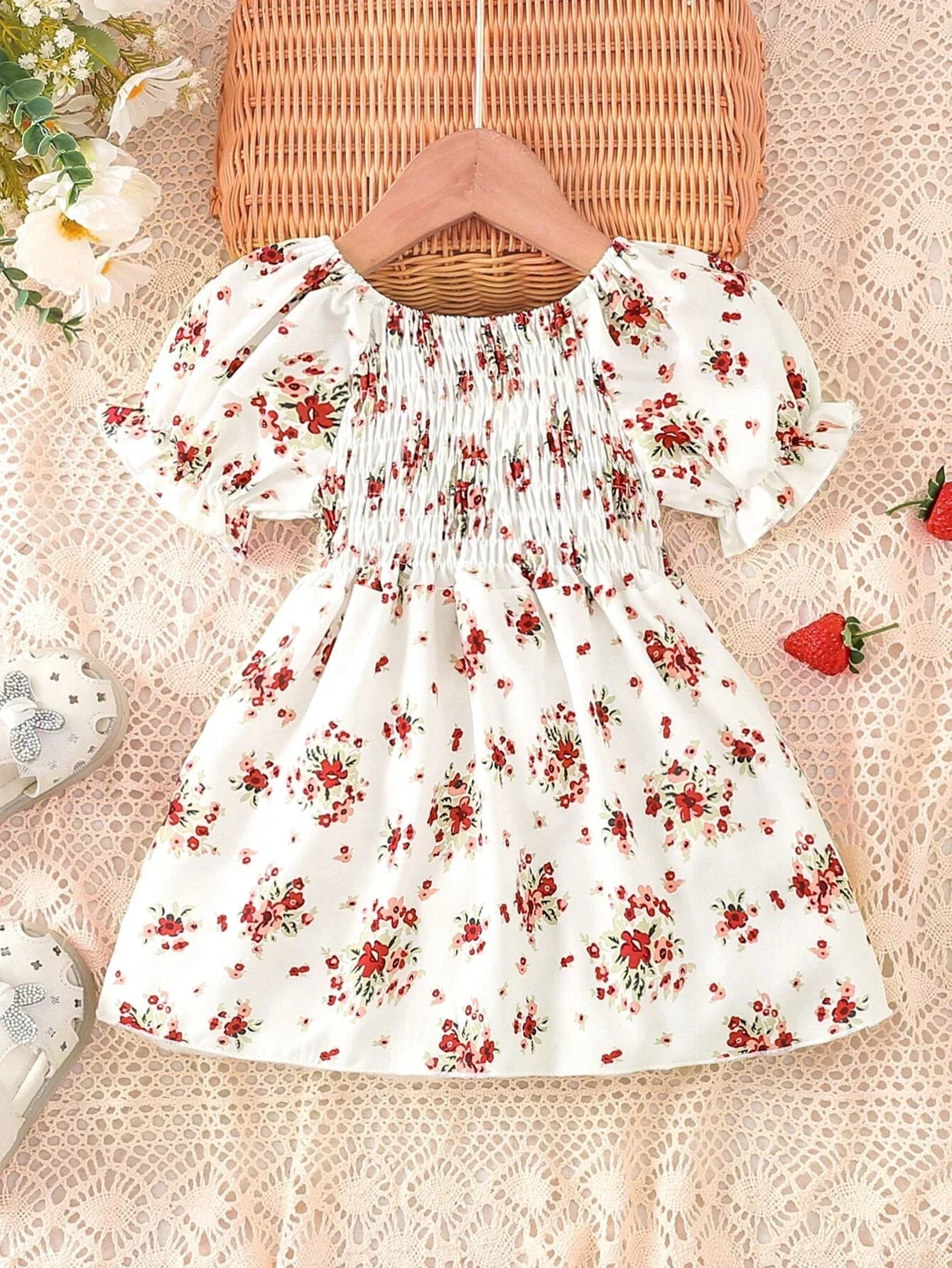 Buy SHEIN Baby Floral Print Shirred Puff Sleeve Dress in Pakistan