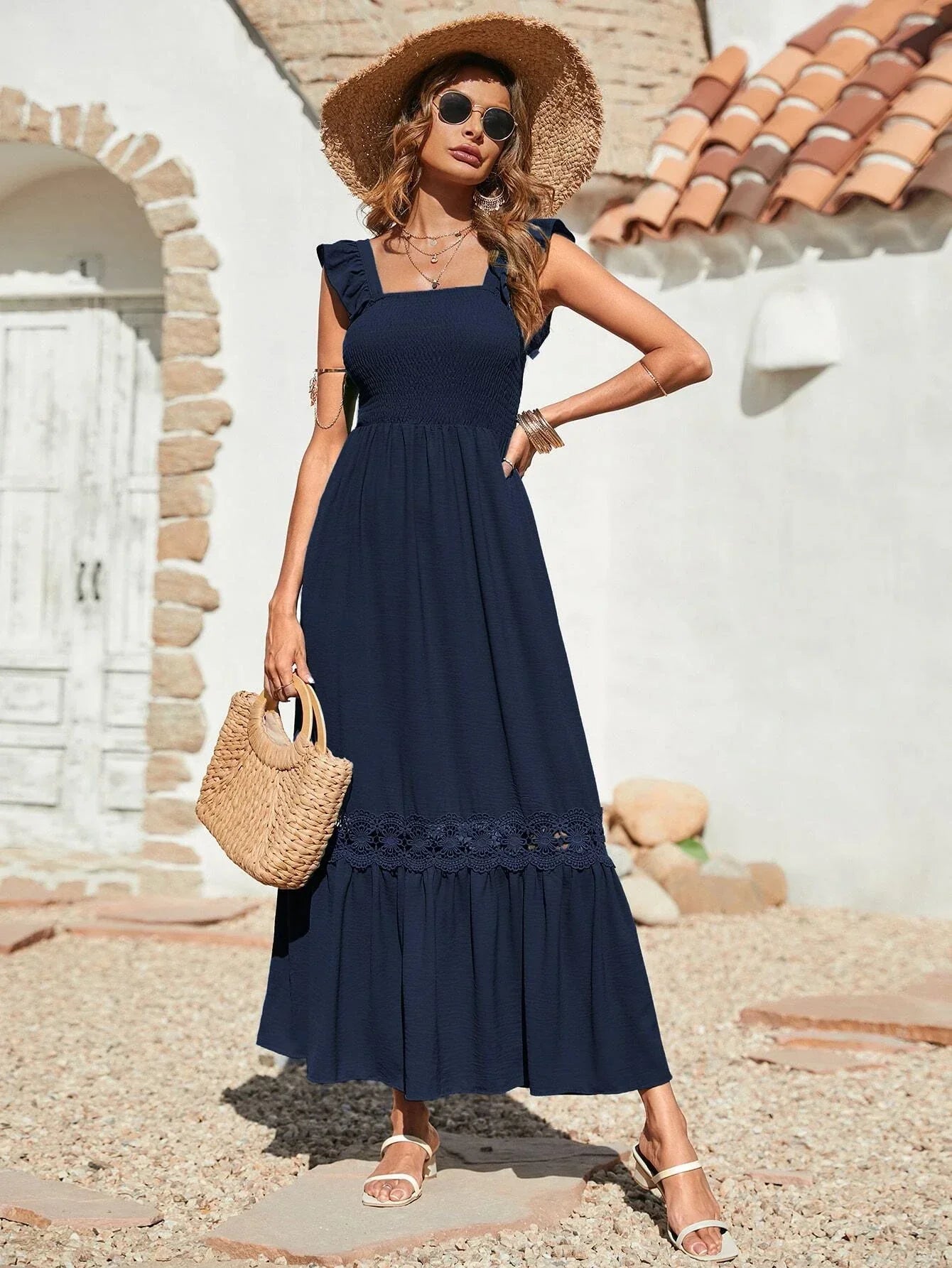 Buy SHEIN VCAY Shirred Guipure Lace Insert Ruffle Hem Dress in Pakistan