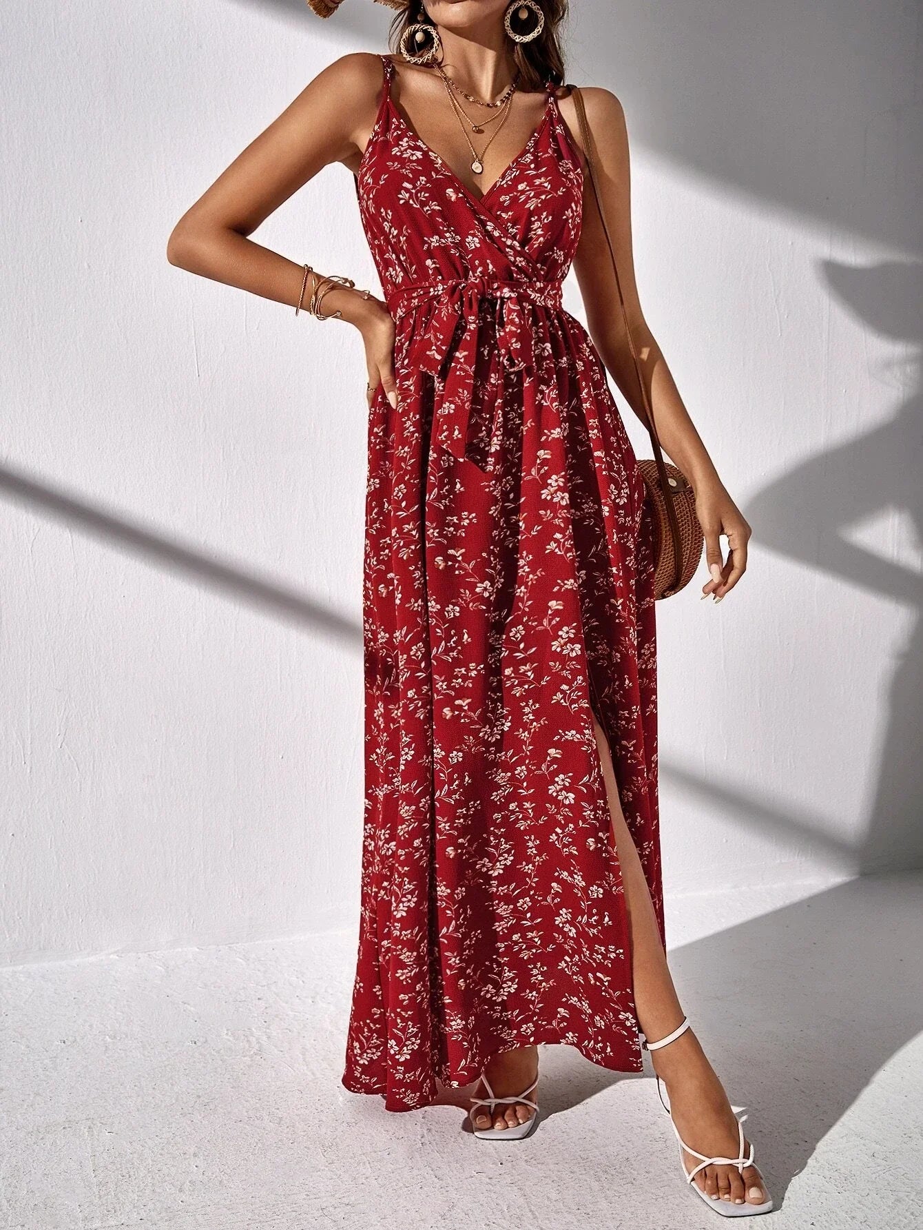 Buy Shein Frenchy Ditsy Floral Split Thigh Belted Cami Dress in Pakistan