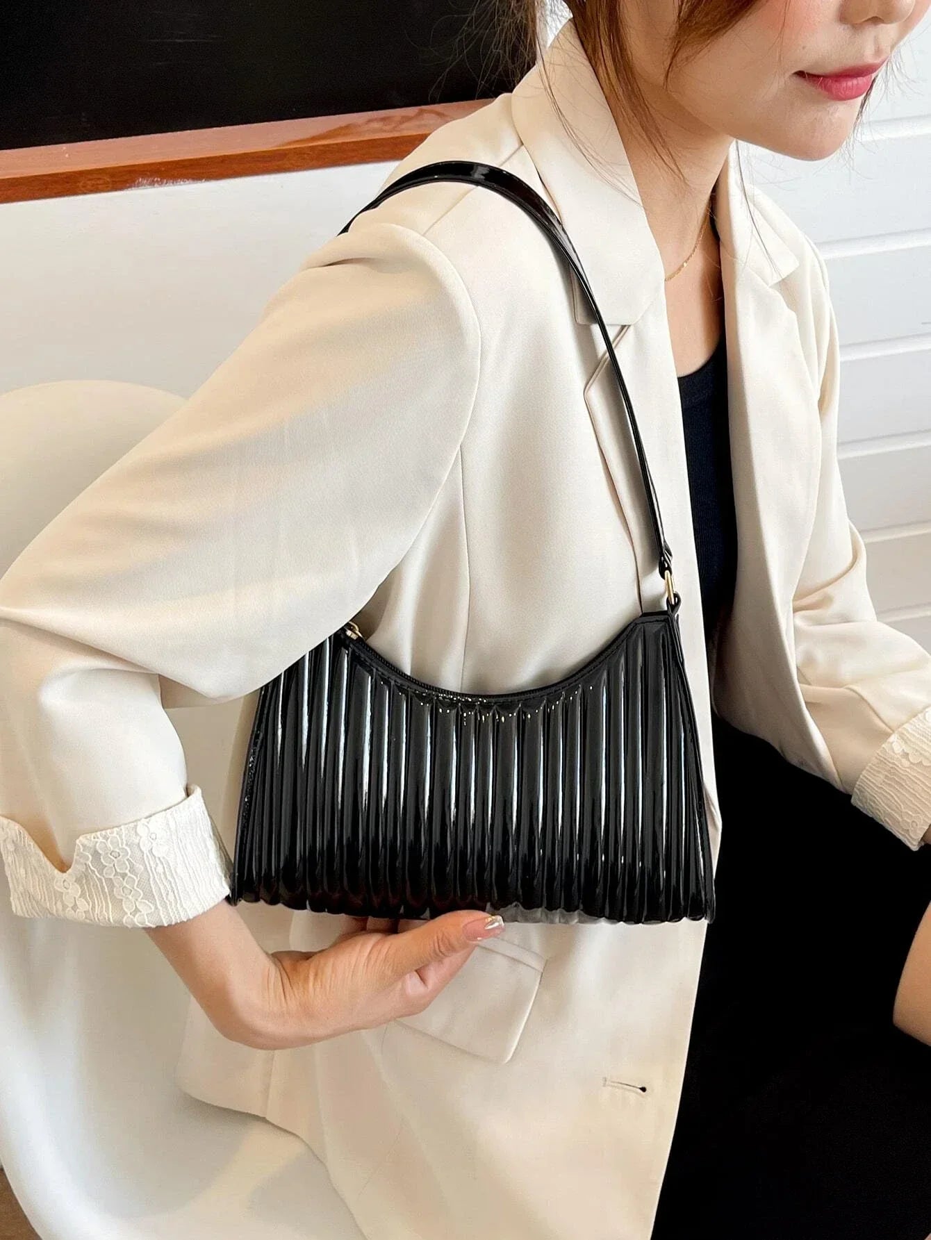 Buy SHEIN Geometric Embossed Zipper Baguette Bag in Pakistan