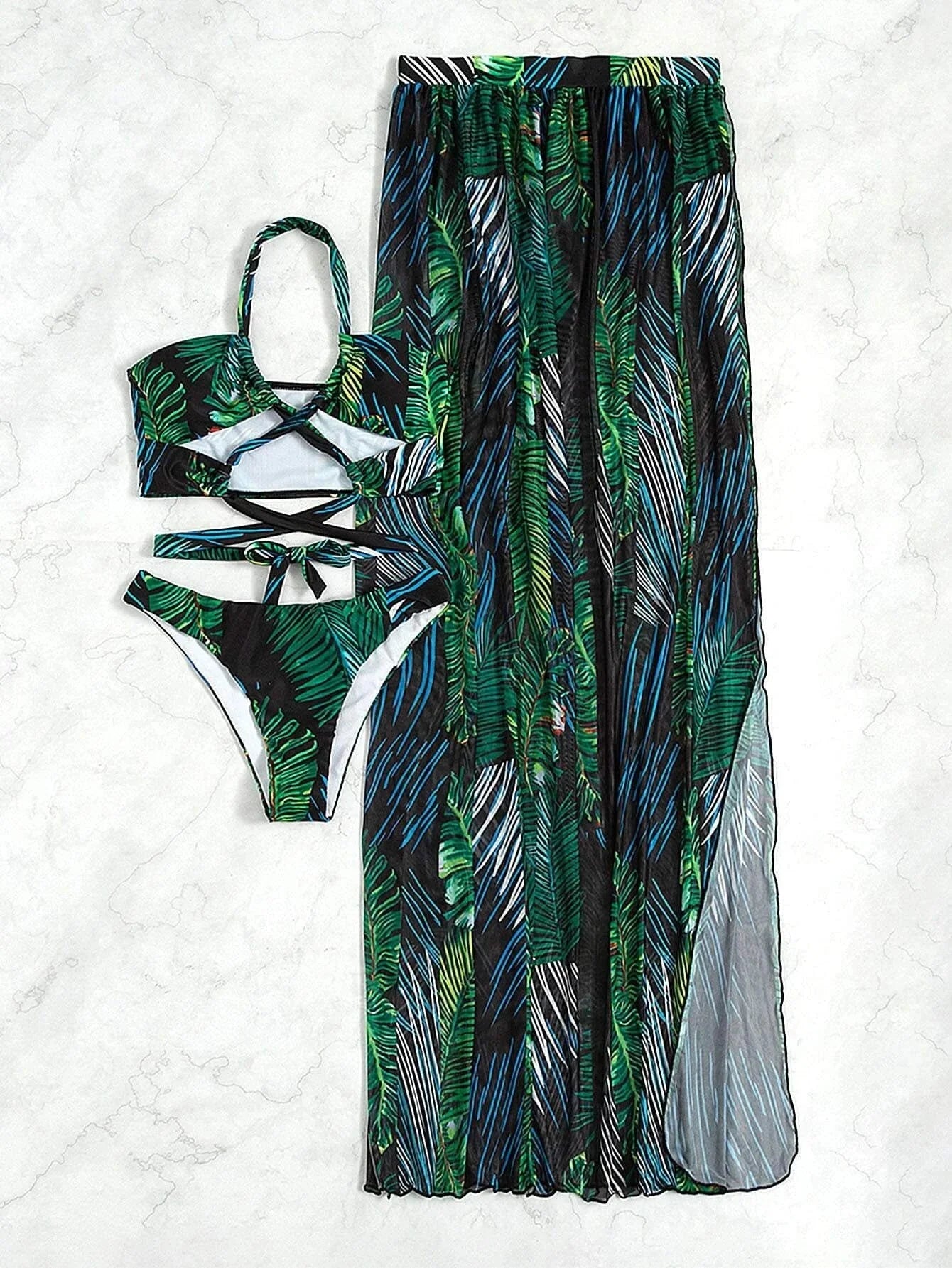 Buy SHEIN Palm Leaf Print Criss Cross Halter Bikini Swimsuit in Pakistan