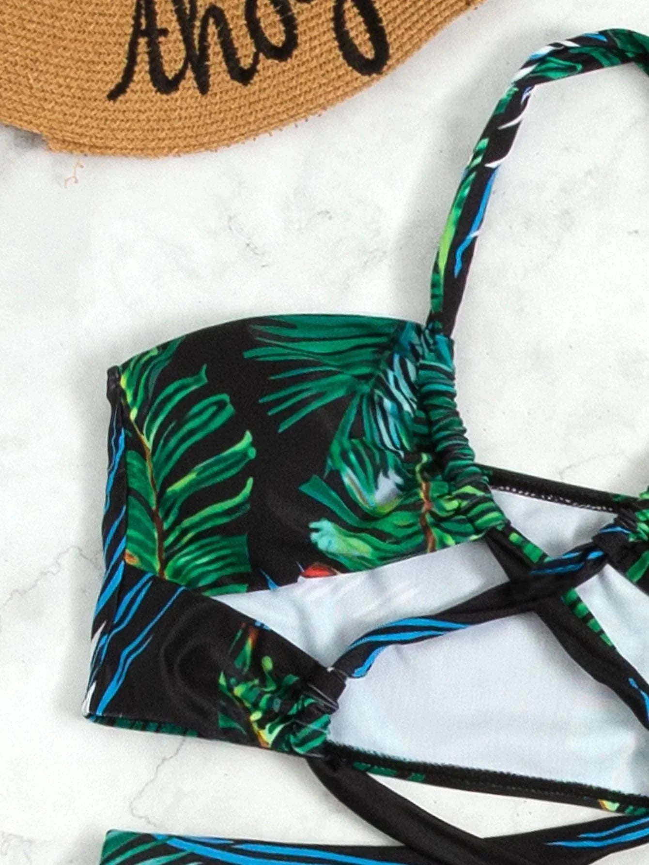 Buy SHEIN Palm Leaf Print Criss Cross Halter Bikini Swimsuit in Pakistan