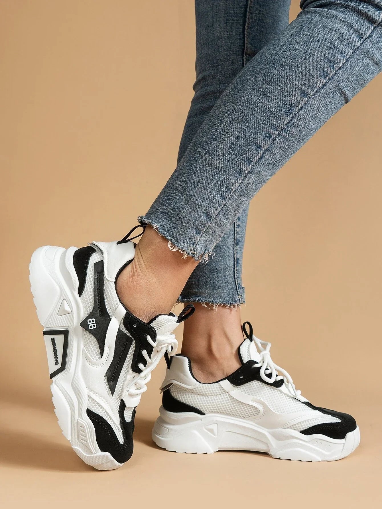 Buy SHEIN Number Pattern Two Tone Lace-up Front Chunky Sneakers in Pakistan