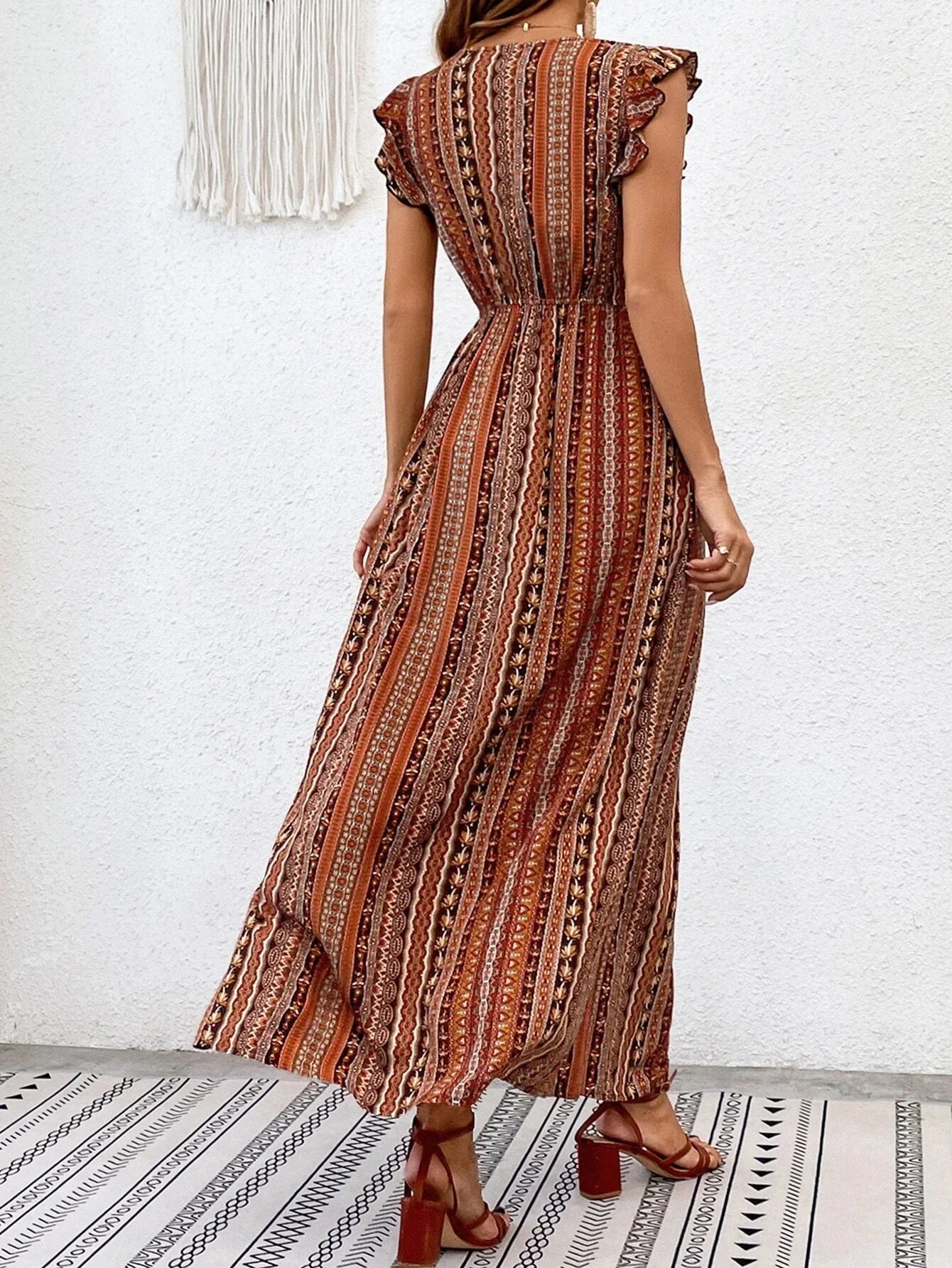 Buy SHEIN Geo & Floral Print Ruffle Trim Split Thigh Dress Without Belt in Pakistan