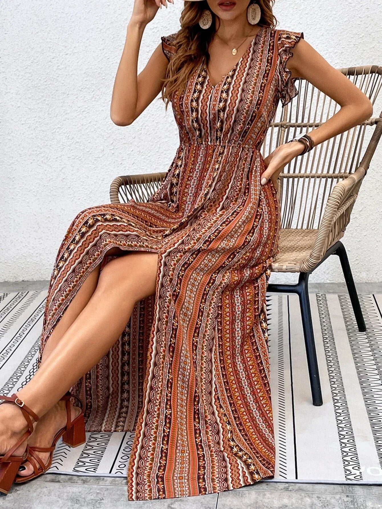 Buy SHEIN Geo & Floral Print Ruffle Trim Split Thigh Dress Without Belt in Pakistan