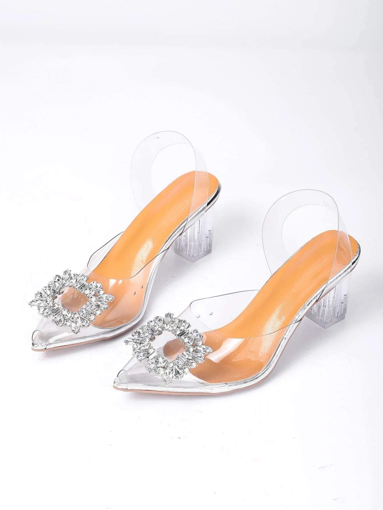 Buy Shein Rhinestone Decor Peep Toe Clear Band Chunky Heeled Slingback Pumps in Pakistan
