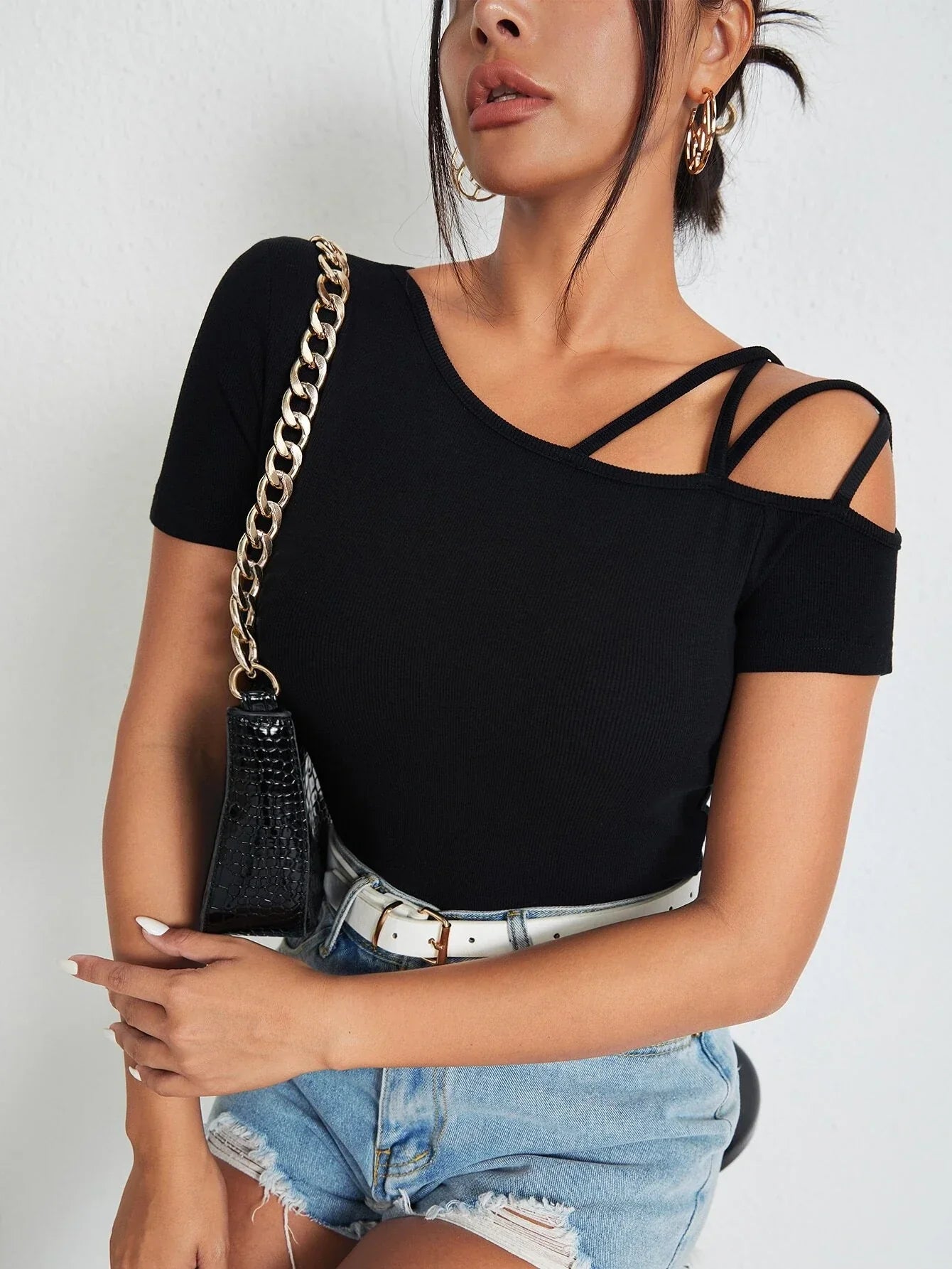 Buy SHEIN BAE Solid Asymmetrical Neck Tee in Pakistan