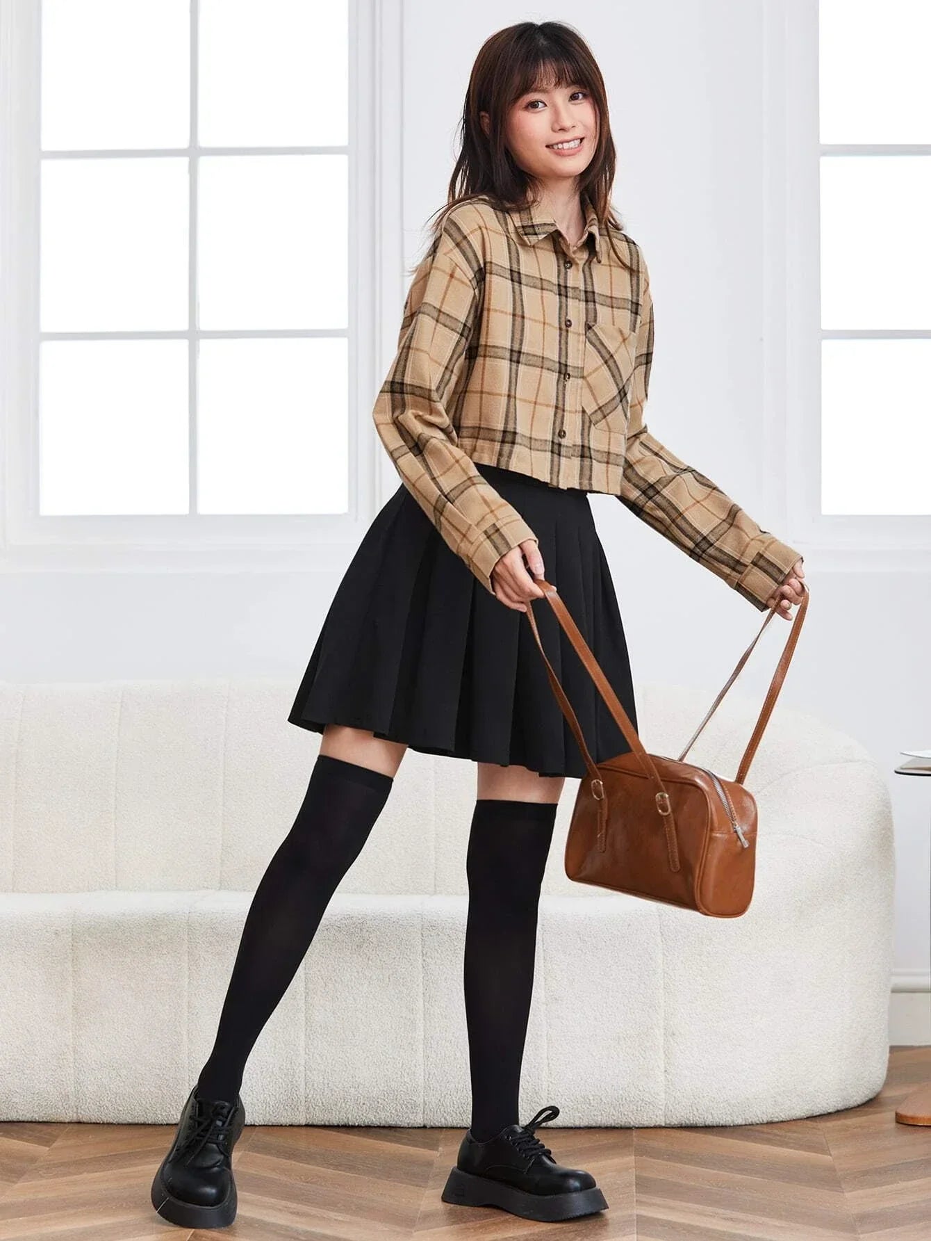 Buy Shein Ezwear Plaid Patched Pocket Drop Shoulder Crop Shirt in Pakistan