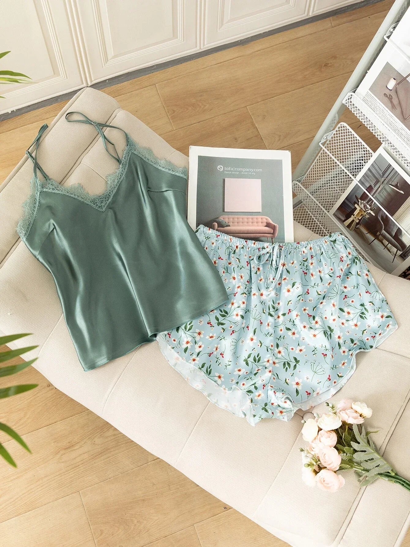 Buy SHEIN Floral Print Lace Detail Tie Front Satin PJ Set in Pakistan