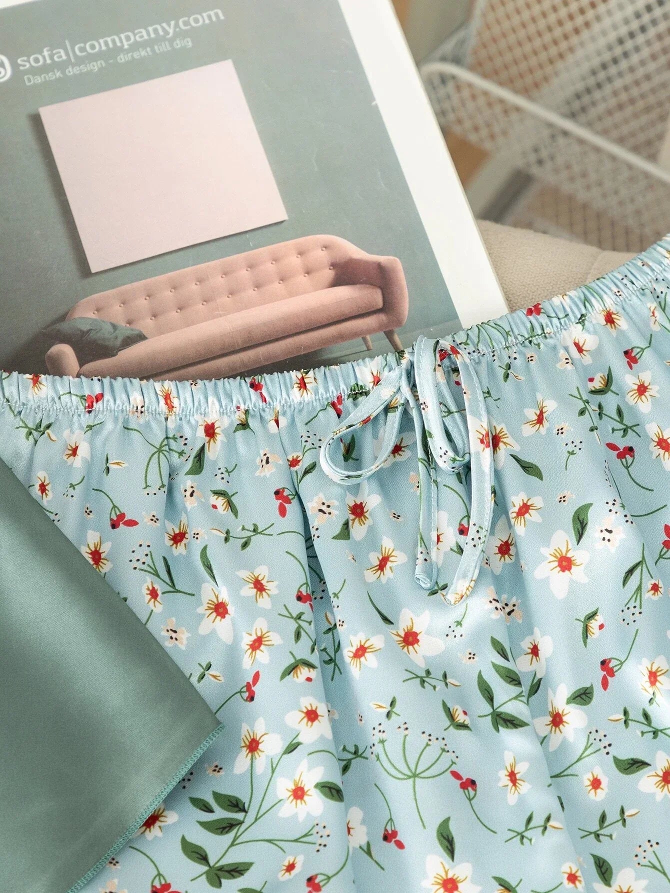 Buy SHEIN Floral Print Lace Detail Tie Front Satin PJ Set in Pakistan