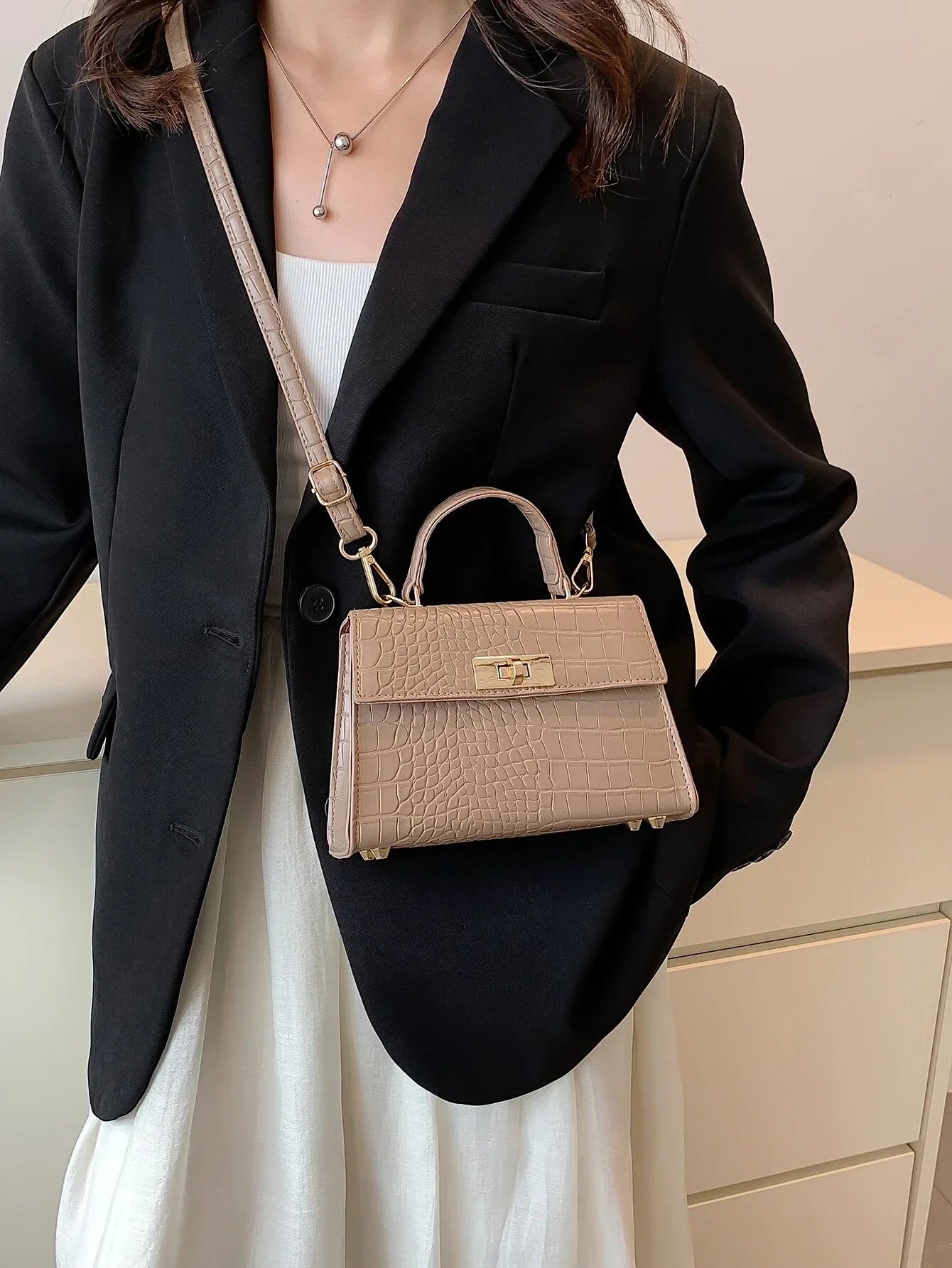 Buy SHEIN Mini Crocodile Embossed Twist Lock Flap Square Bag in Pakistan