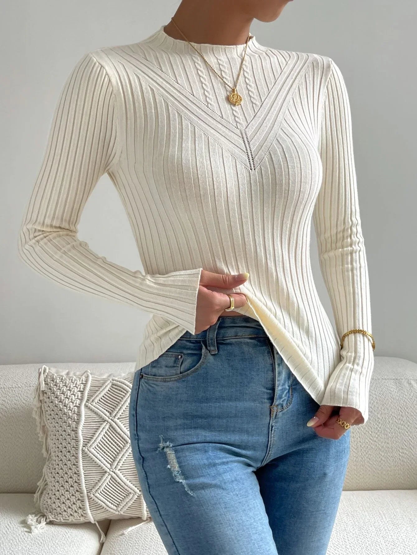 Buy SHEIN Eyelet Detail Ribbed Knit Mock Neck Sweater in Pakistan