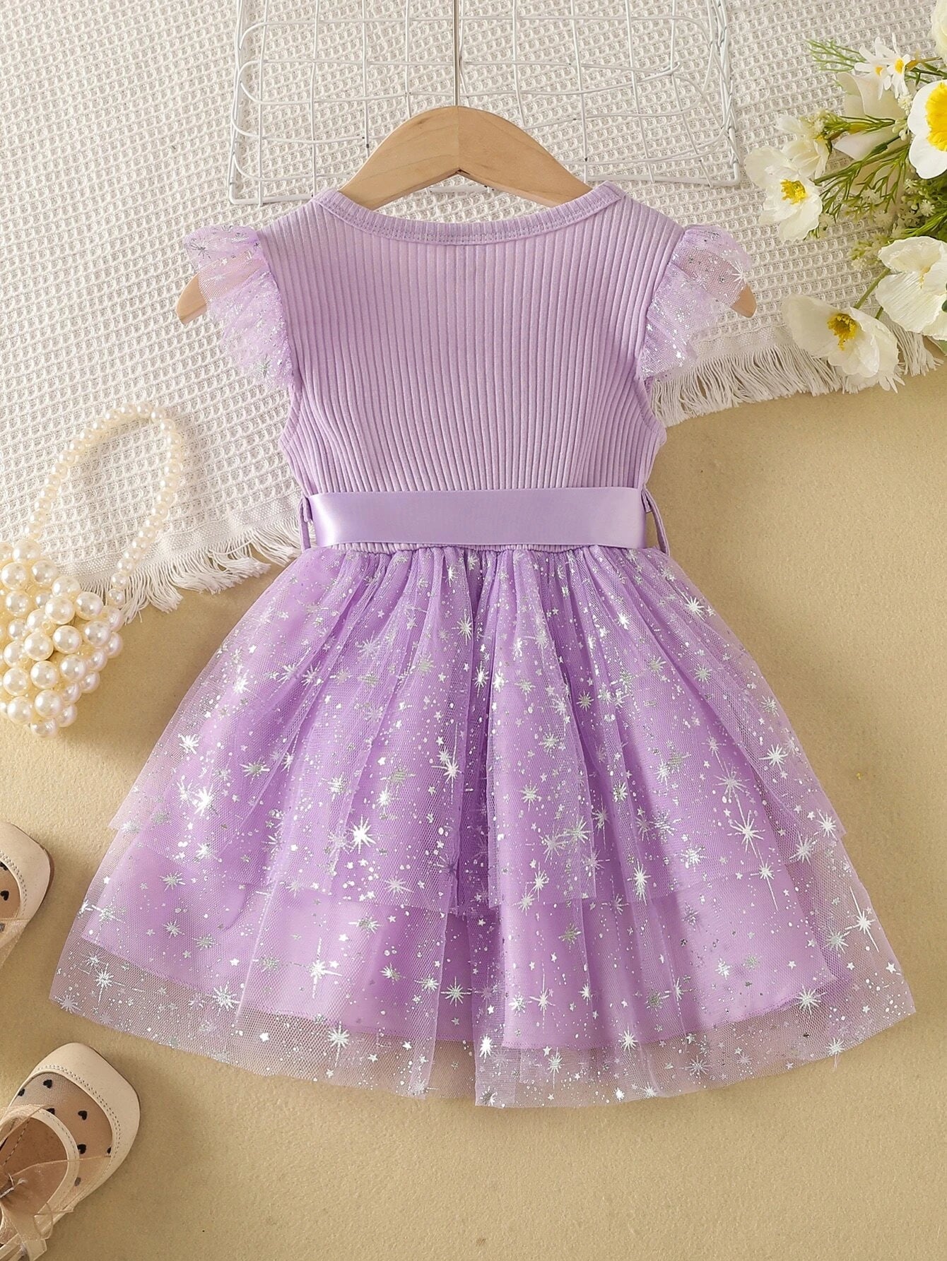 Buy SHEIN Baby Contrast Star Mesh Ruffle Trim Belted Dress in Pakistan