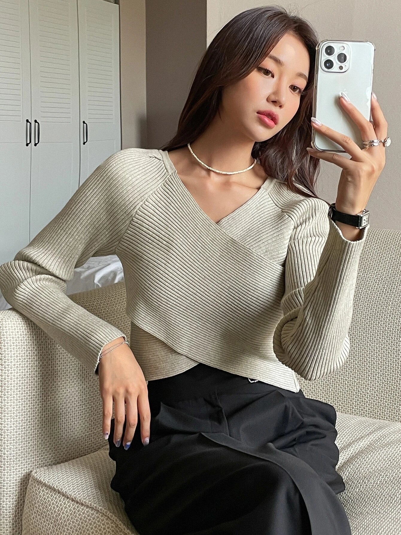Buy Shein DAZY Rib-knit Wrap Cross Raglan Sleeve Crop Sweater in Pakistan