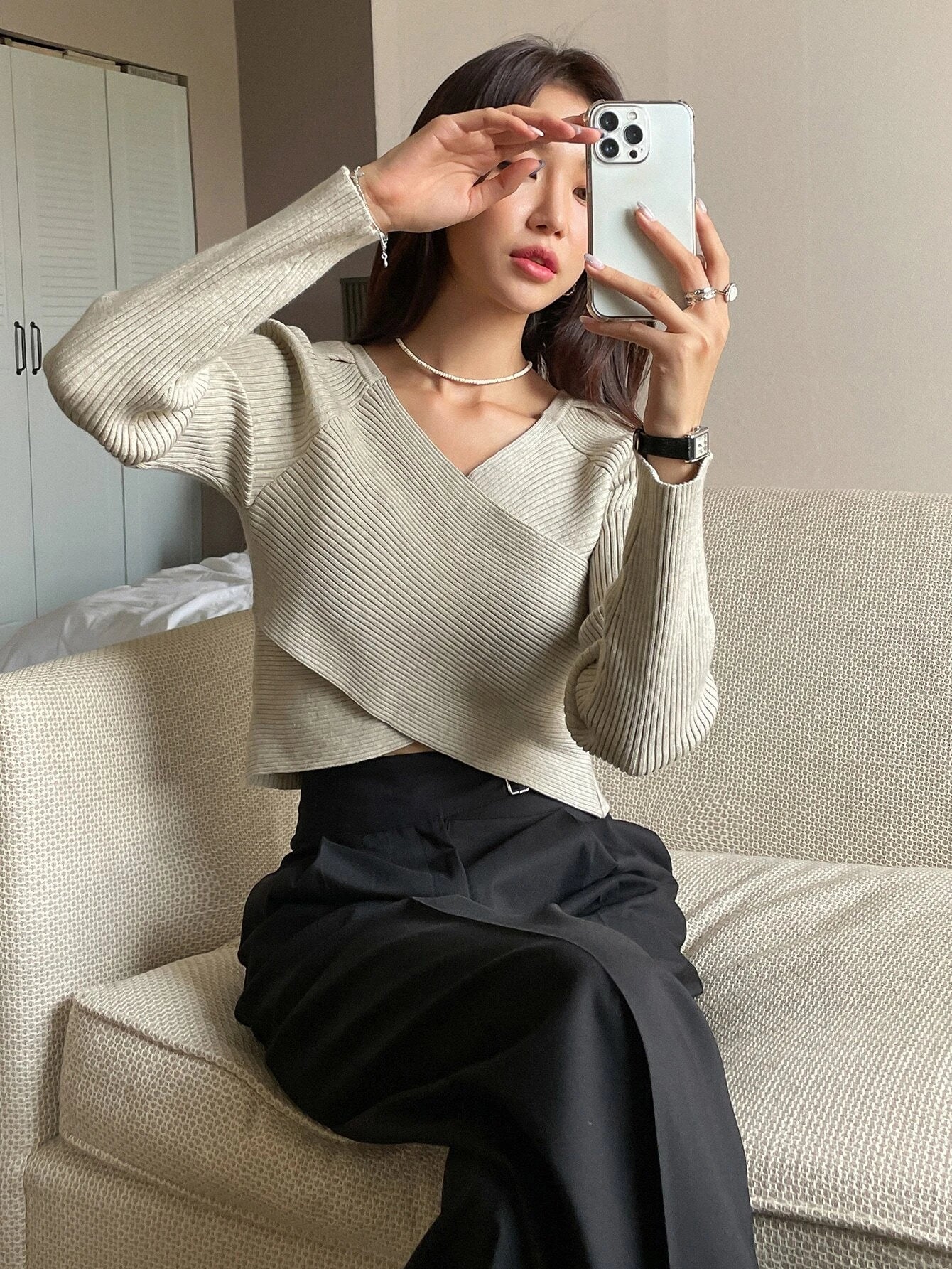 Buy Shein DAZY Rib-knit Wrap Cross Raglan Sleeve Crop Sweater in Pakistan