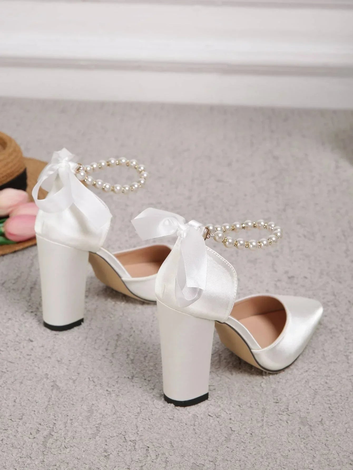 Buy SHEIN Faux Pearl Decor Point Toe Chunky Heeled Satin Ankle Strap Pumps in Pakistan