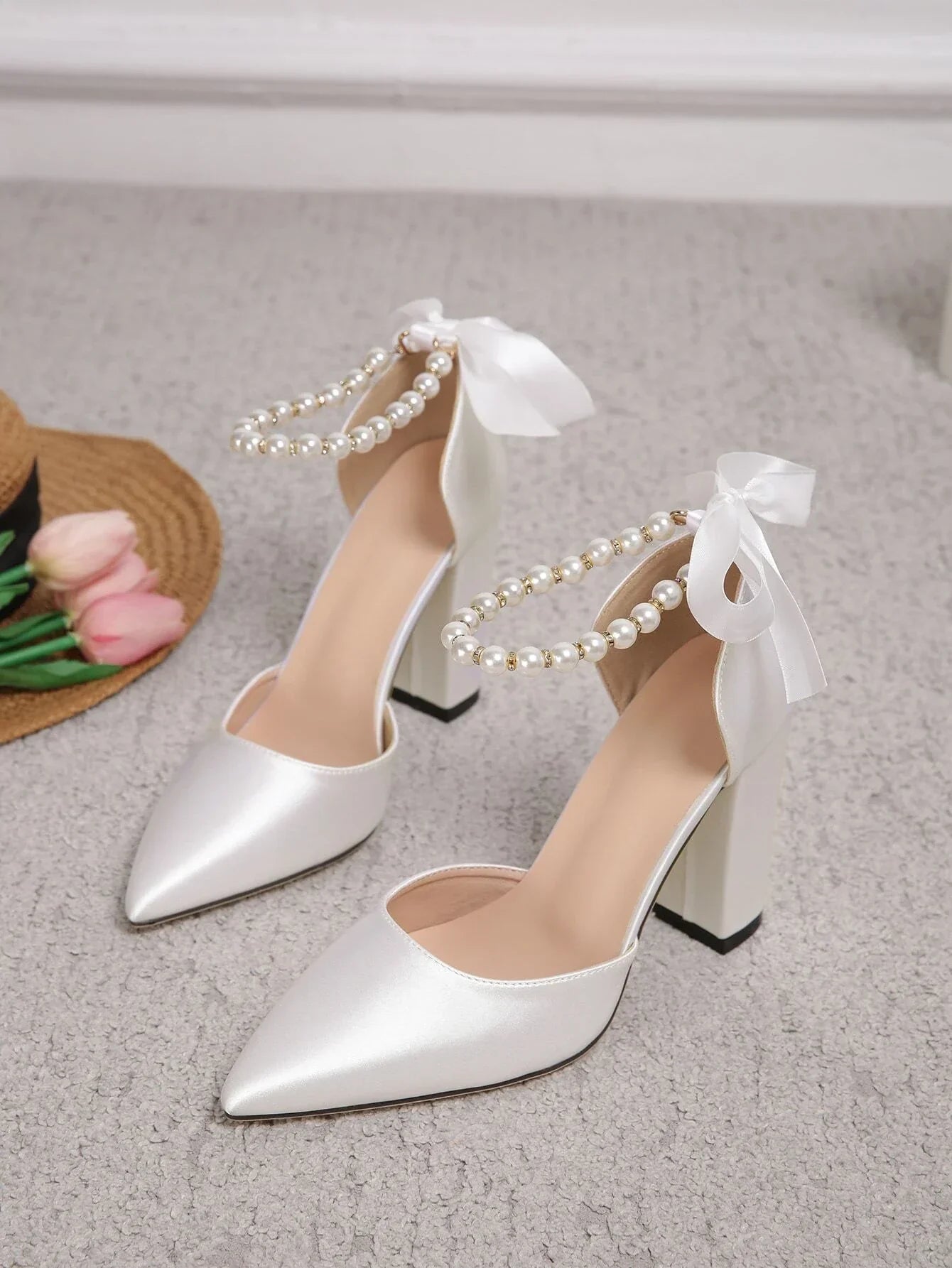 Buy SHEIN Faux Pearl Decor Point Toe Chunky Heeled Satin Ankle Strap Pumps in Pakistan