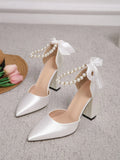 Buy SHEIN Faux Pearl Decor Point Toe Chunky Heeled Satin Ankle Strap Pumps in Pakistan