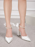 Buy SHEIN Faux Pearl Decor Point Toe Chunky Heeled Satin Ankle Strap Pumps in Pakistan