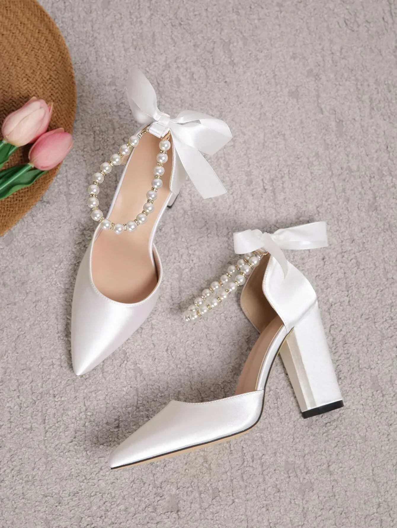 Buy SHEIN Faux Pearl Decor Point Toe Chunky Heeled Satin Ankle Strap Pumps in Pakistan