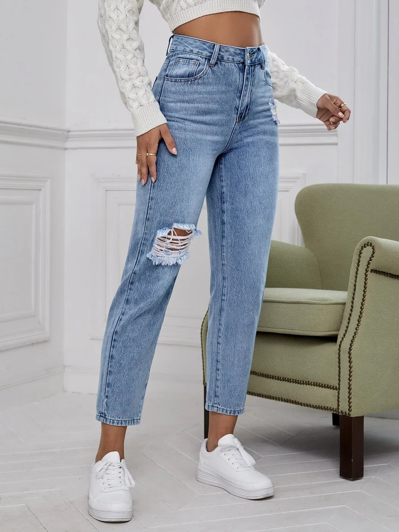 Buy Shein High Waist Ripped Mom Fit Jeans in Pakistan