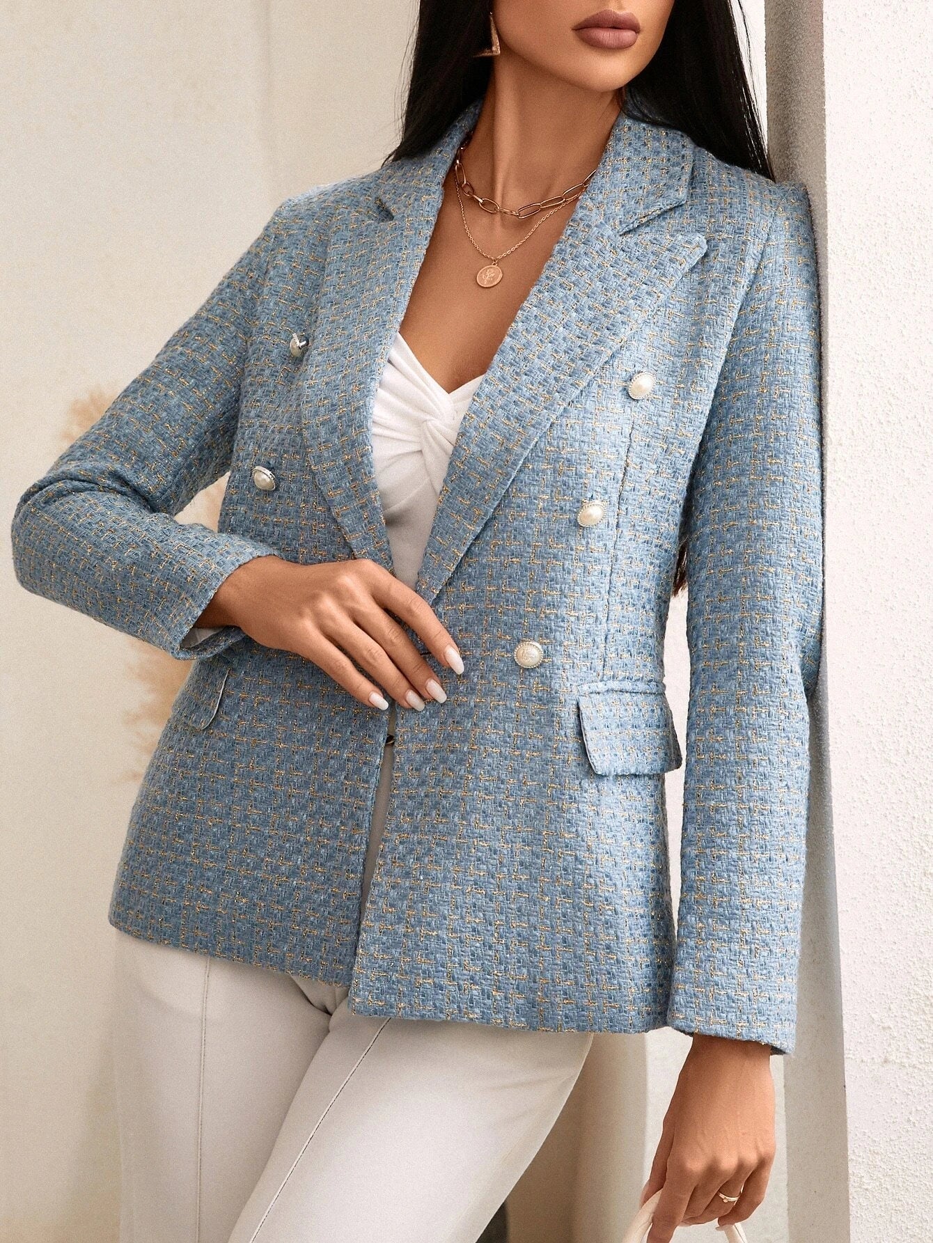 Buy Shein Plaid Print Double Breasted Blazer in Pakistan