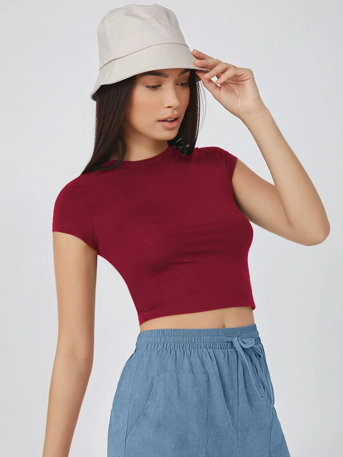 Buy SHEIN BASICS Cap Sleeve Solid Crop Top in Pakistan