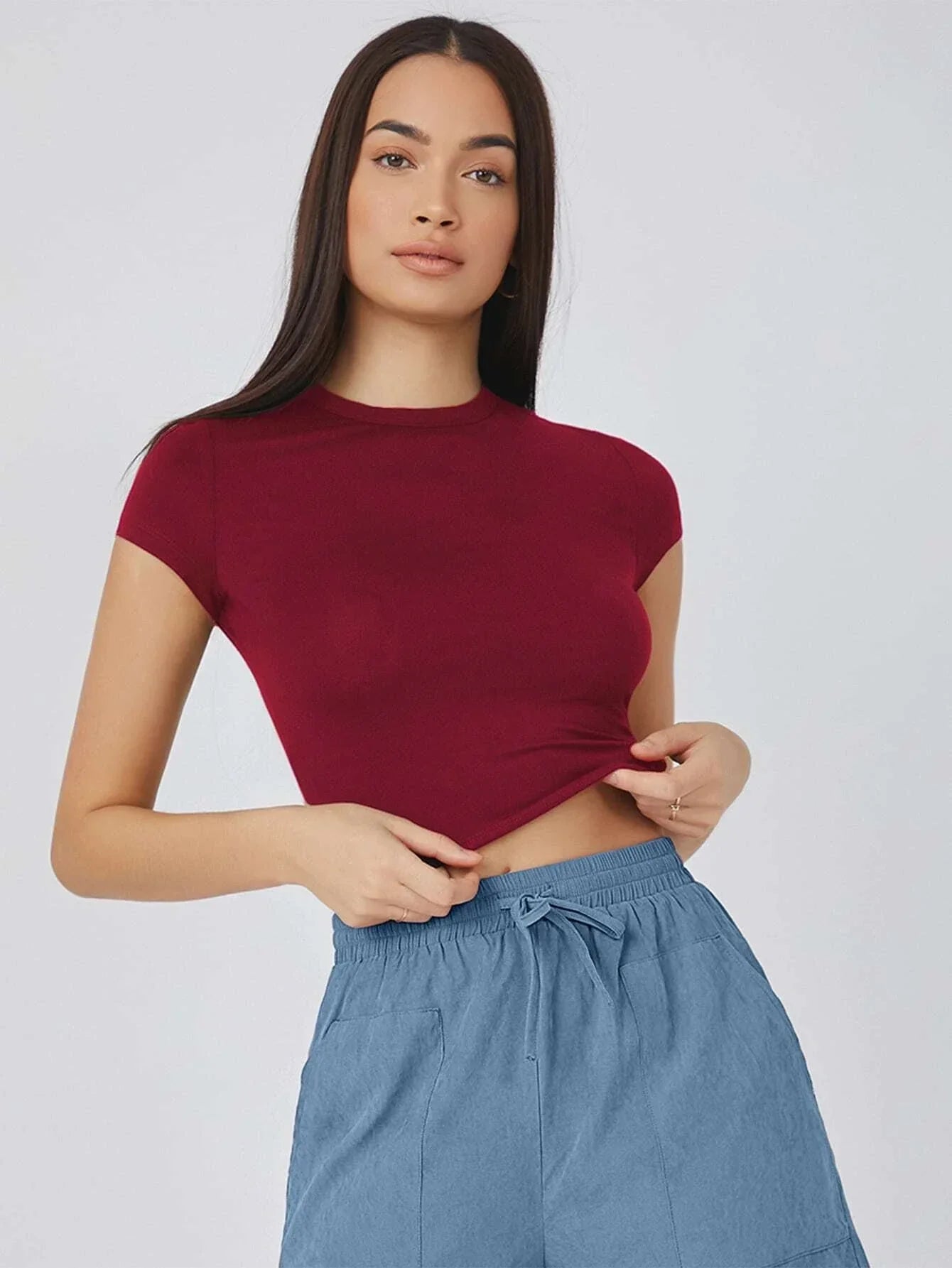 Buy SHEIN BASICS Cap Sleeve Solid Crop Top in Pakistan