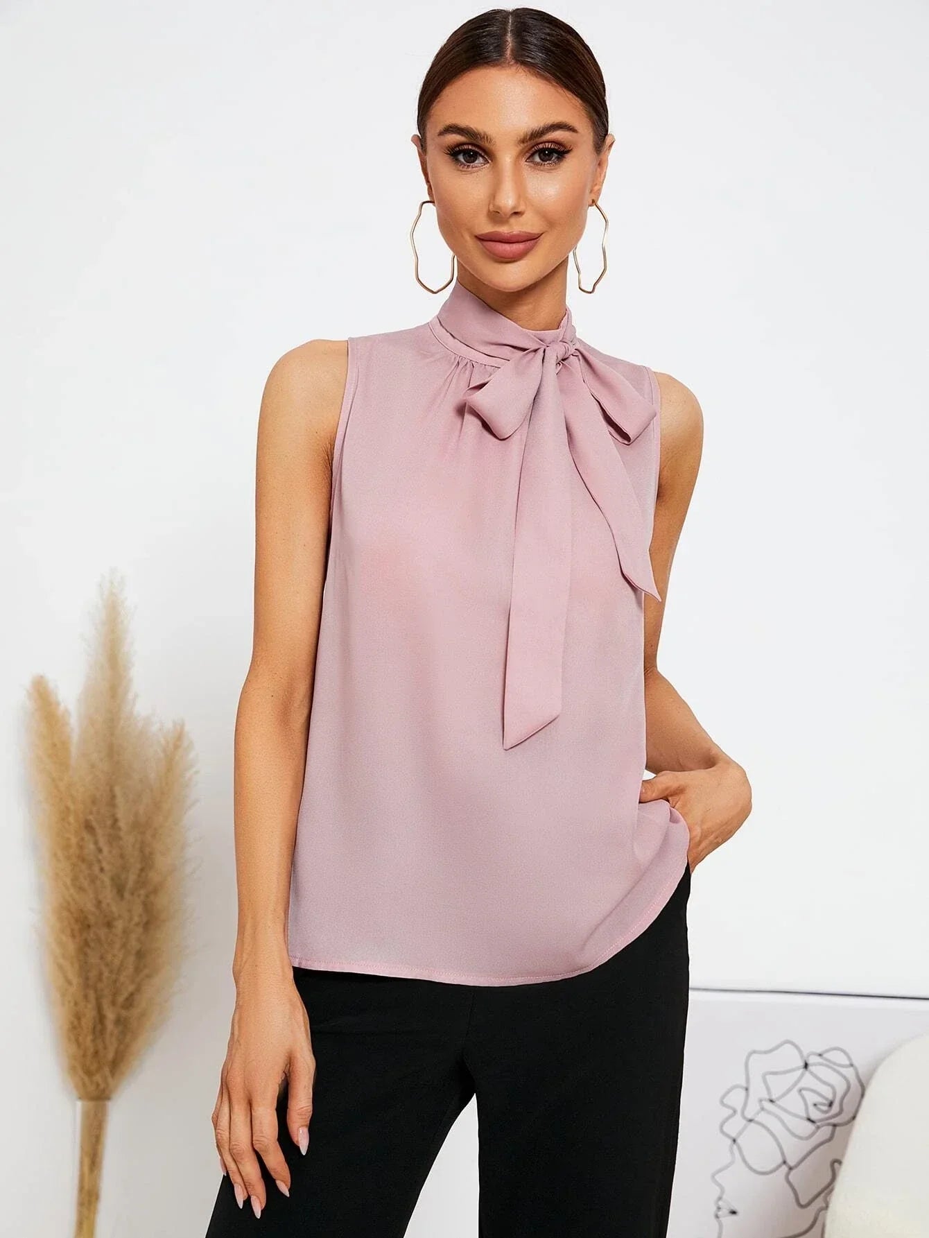 Buy Shein Emery Rose Solid Tie Neck Blouse in Pakistan