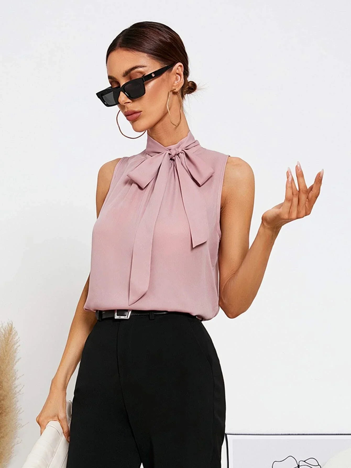 Buy Shein Emery Rose Solid Tie Neck Blouse in Pakistan