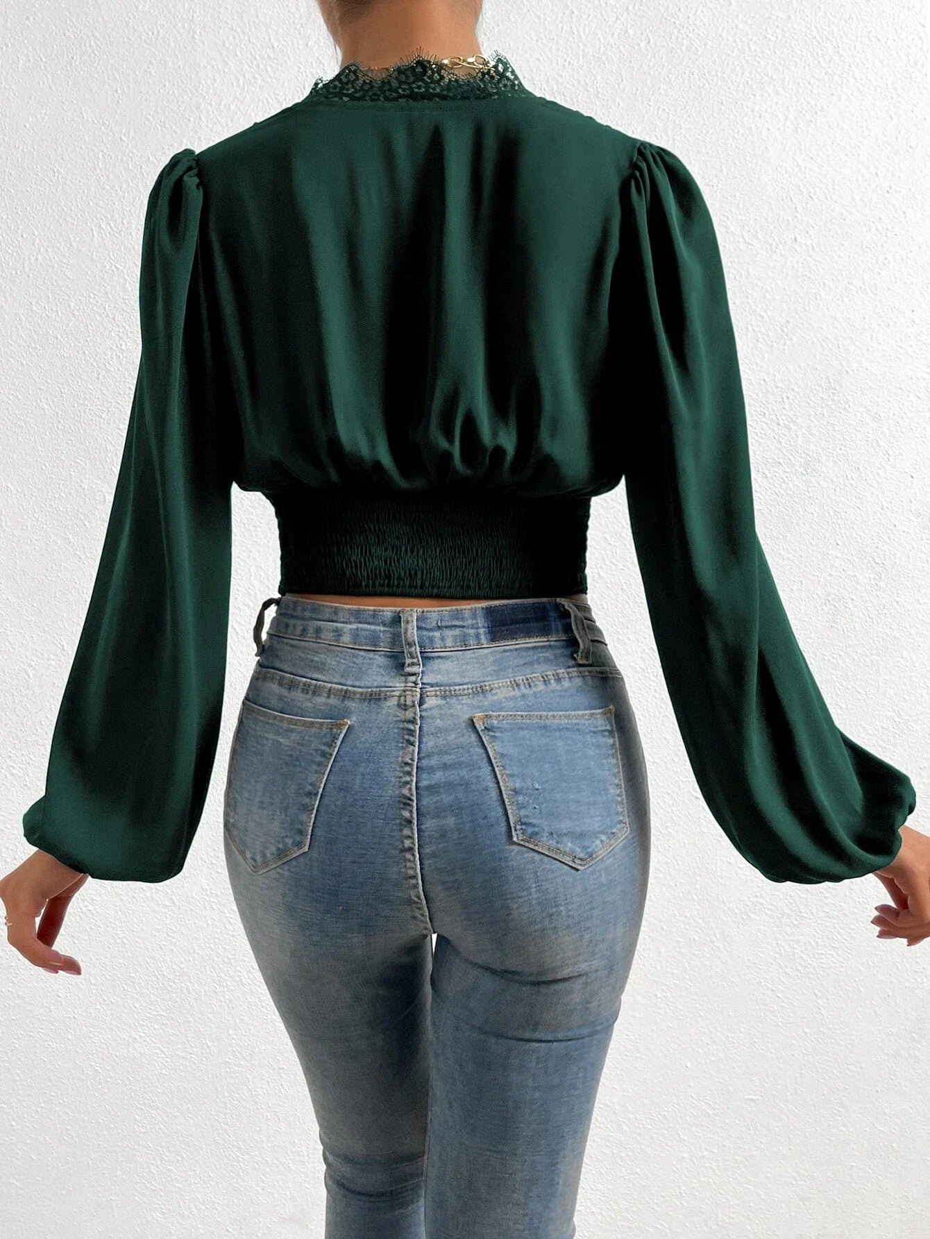 Buy SHEIN Frenchy Contrast Lace Lantern Sleeve Crop Top in Pakistan