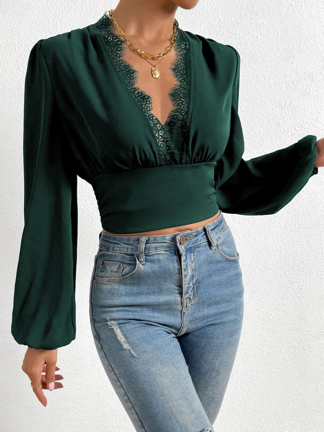 Buy SHEIN Frenchy Contrast Lace Lantern Sleeve Crop Top in Pakistan