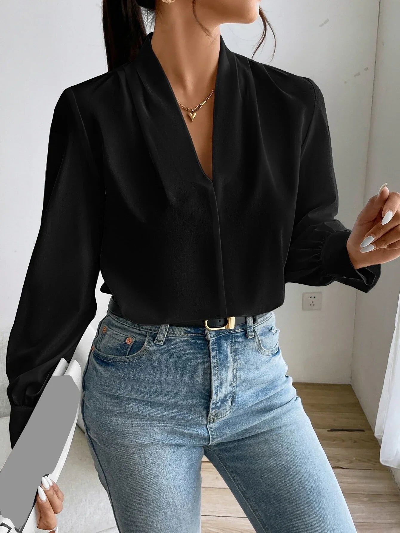 Buy SHEIN Solid Bishop Sleeve Blouse in Pakistan