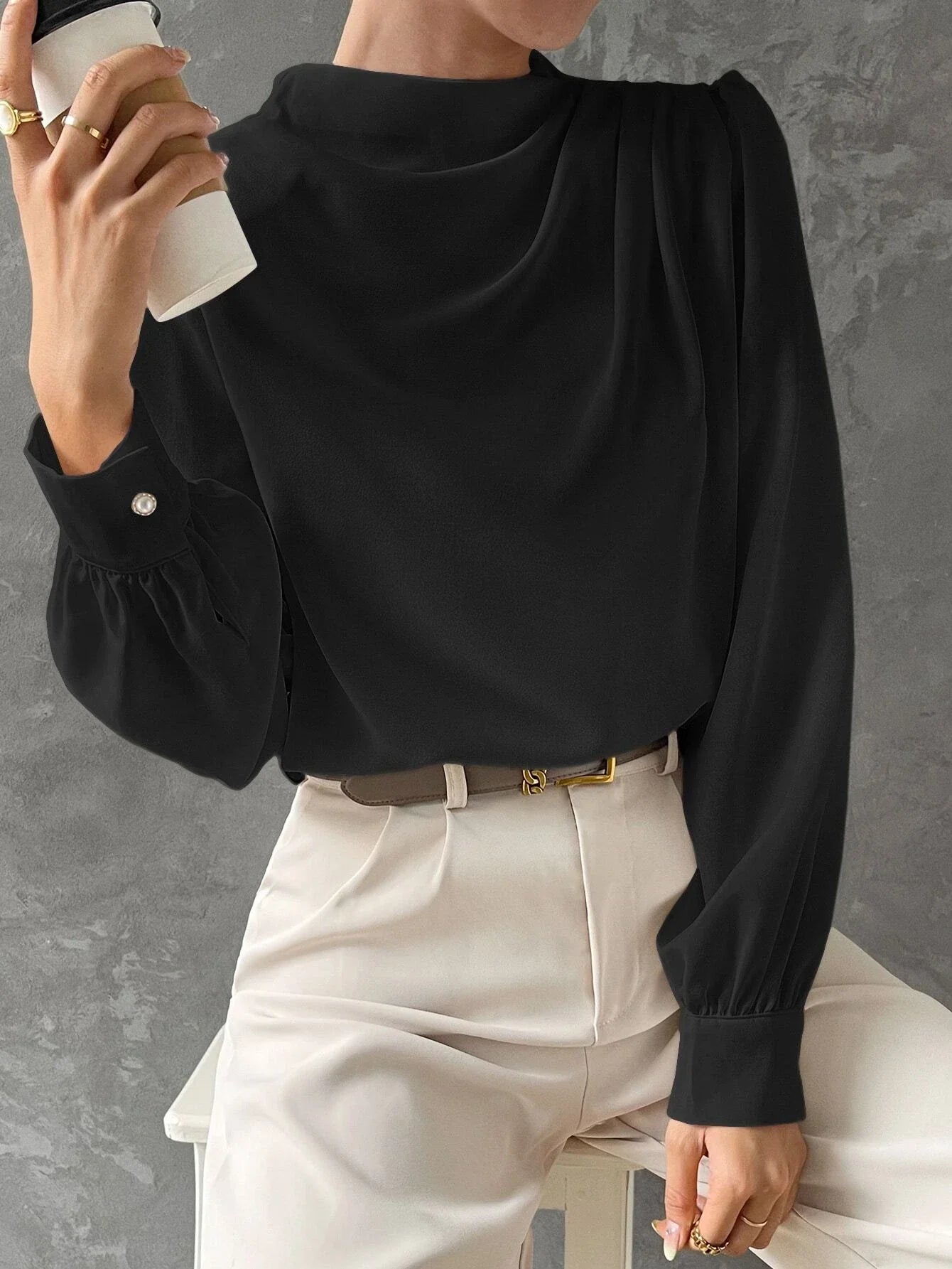Buy SHEIN Bishop Sleeve Draped Front Blouse in Pakistan