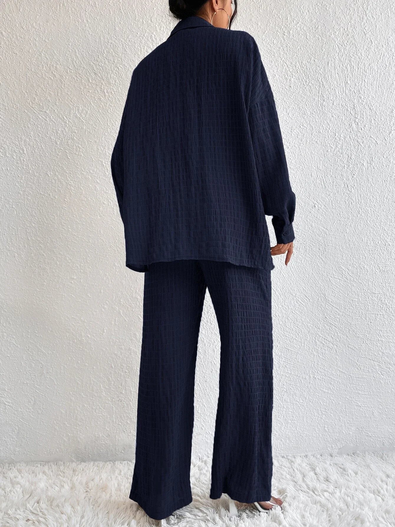 Buy Shein Solid Drop Shoulder Shirt & Wide Leg Pants in Pakistan