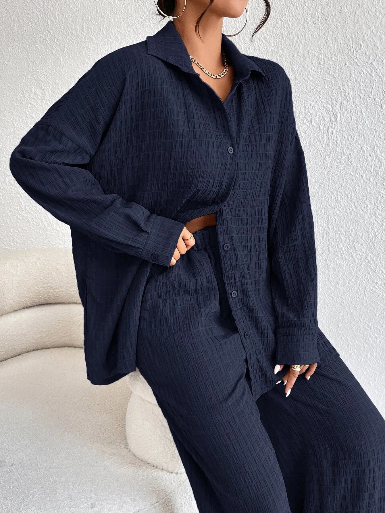 Buy Shein Solid Drop Shoulder Shirt & Wide Leg Pants in Pakistan
