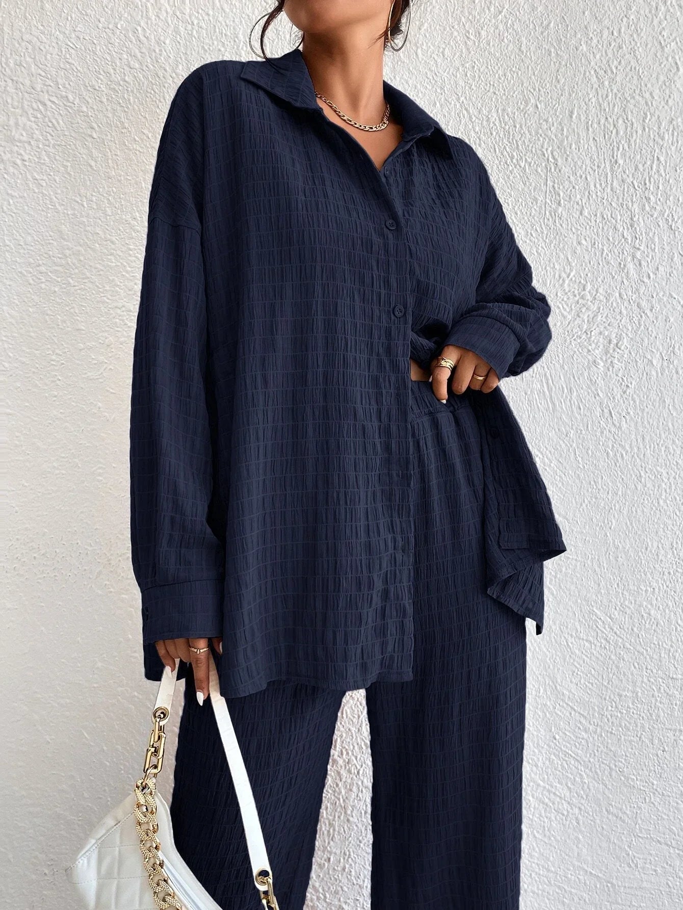 Buy Shein Solid Drop Shoulder Shirt & Wide Leg Pants in Pakistan